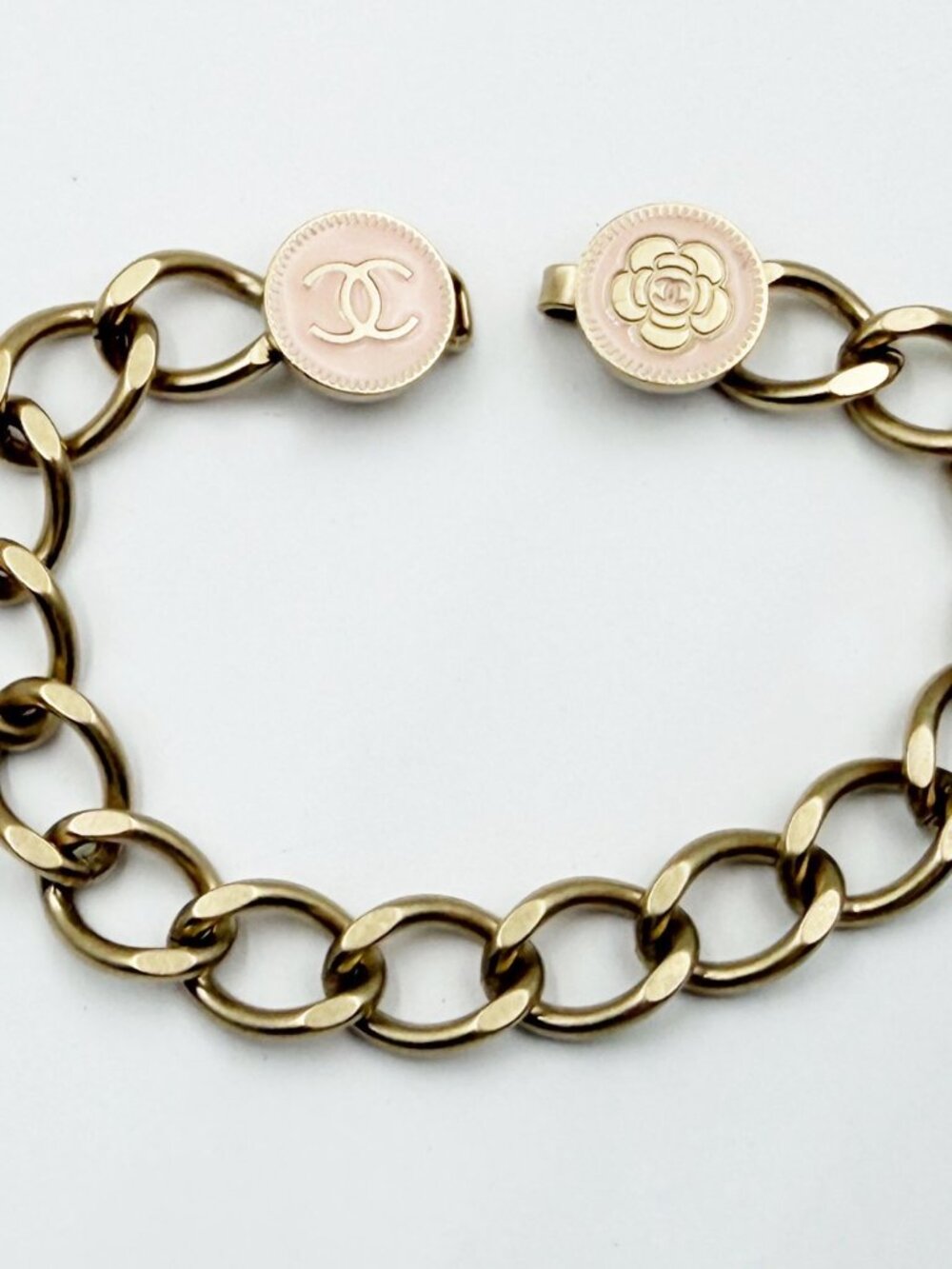 Chanel Gold CC Camellia Pink Button Chain Bracelet